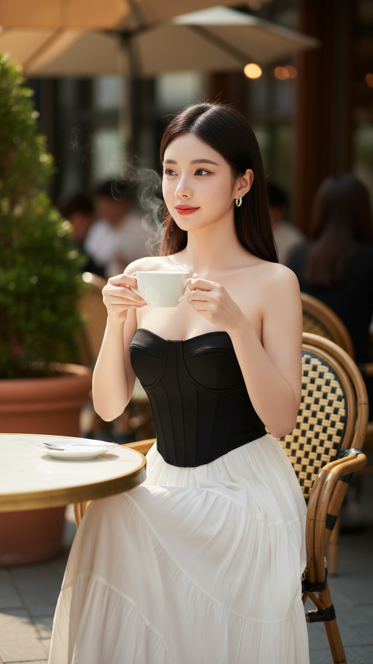 Chân dung thanh lịch của cô gái trẻ trong không gian quán cà phê sang trọng