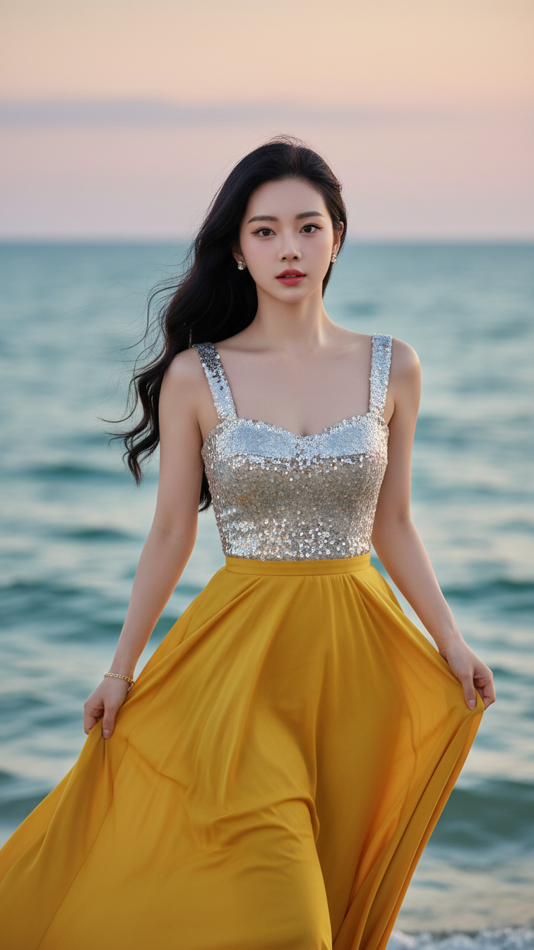 Chân dung thực tế của cô gái trẻ bên biển với vẻ đẹp tự nhiên và phong cách thanh lịch