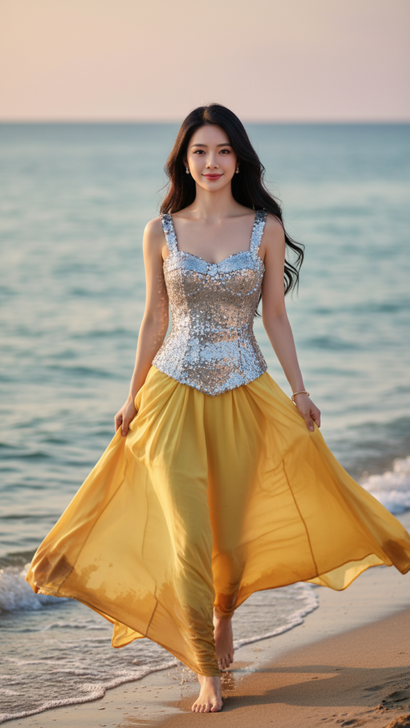 Chân dung thanh lịch của cô gái trẻ bên bờ biển hoàng hôn đẹp tựa mơ