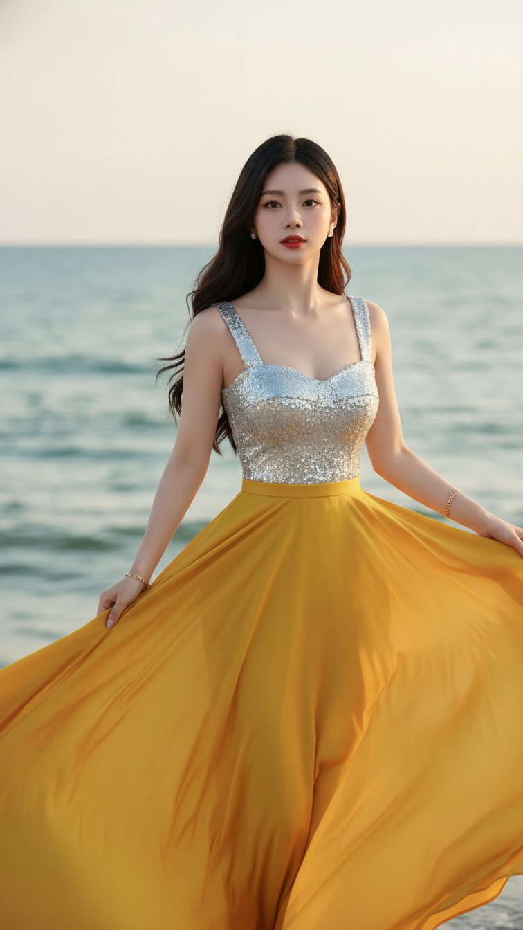 Vẽ chân dung cô gái trẻ bên bờ biển với phong cách thanh lịch và tinh tế