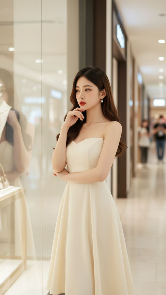 Chân dung thanh lịch của cô gái trẻ giữa không gian mua sắm sang trọng