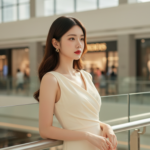 Chân dung thanh lịch của cô gái châu Á trong trang phục nhẹ nhàng tại trung tâm mua sắm