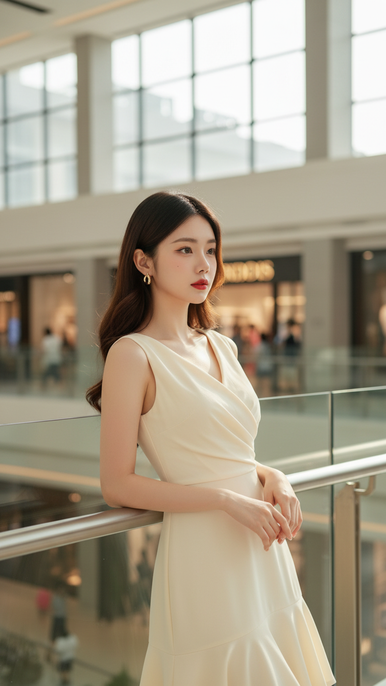 Chân dung thanh lịch của cô gái châu Á trong trang phục nhẹ nhàng tại trung tâm mua sắm