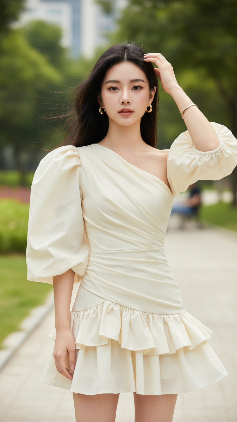 Chân dung trẻ trung và thanh lịch của cô nàng châu Á trong công viên đô thị