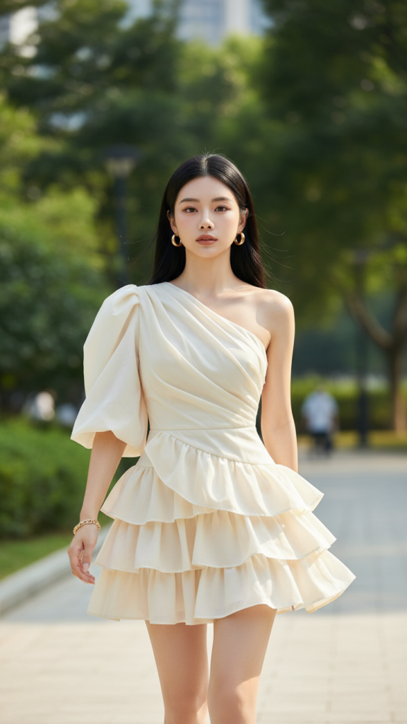 Chân dung cô gái châu Á thanh lịch trong công viên đô thị vào ánh sáng tự nhiên