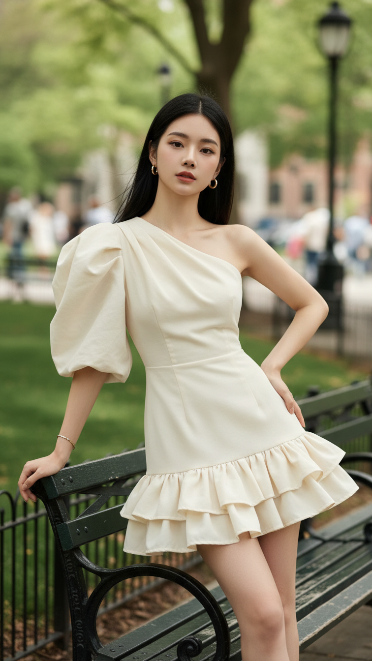 Chân dung cô gái trẻ thanh lịch giữa công viên đô thị thời thượng