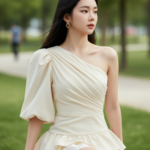 Chân dung cô gái trẻ phong cách thanh lịch giữa công viên hiện đại