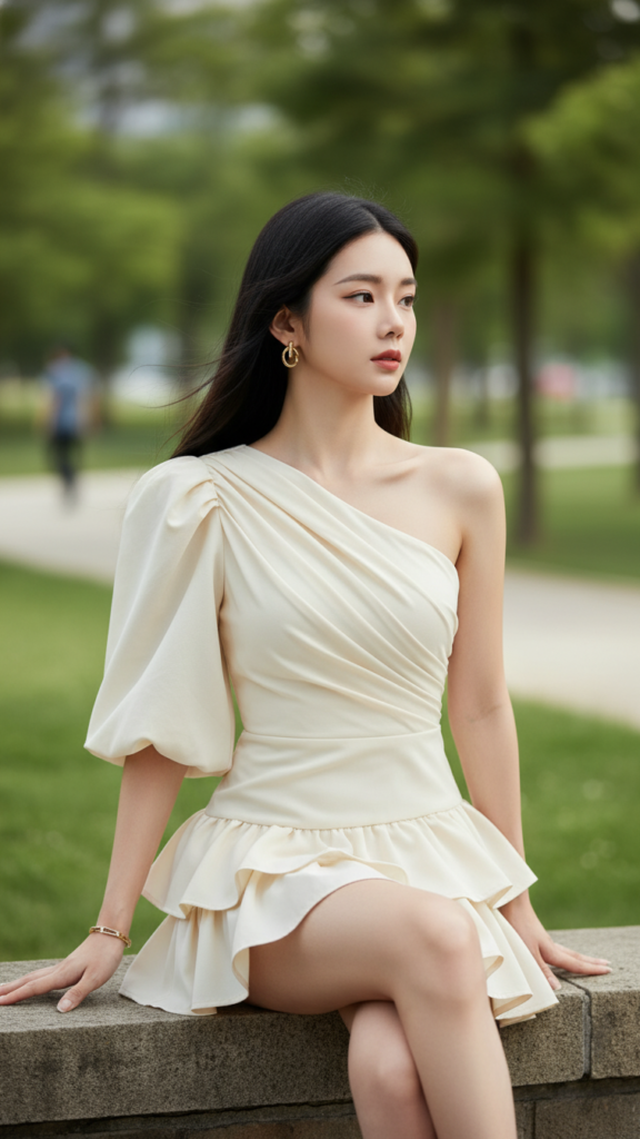 Chân dung cô gái trẻ phong cách thanh lịch giữa công viên hiện đại