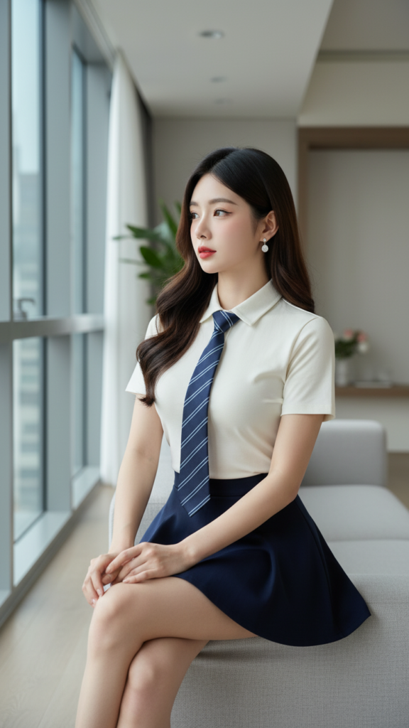 Chân dung thực tế của cô gái trẻ tự tin trong không gian hiện đại tối giản