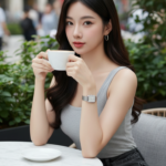 Hình ảnh chân dung thanh lịch của cô gái Á Đông trong quán cafe sang trọng