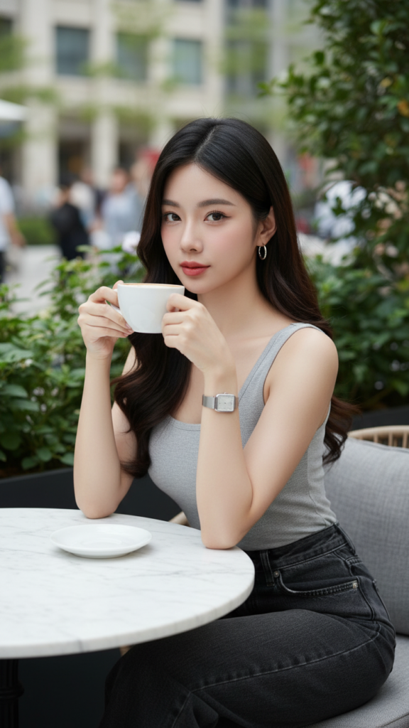 Hình ảnh chân dung thanh lịch của cô gái Á Đông trong quán cafe sang trọng