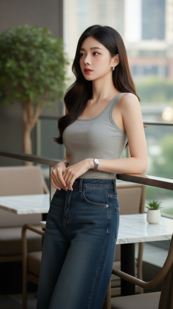 Chân dung hiện đại của cô gái châu Á thanh lịch trong quán cafe sang trọng