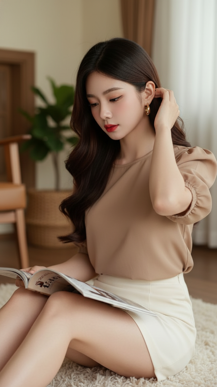 Bức chân dung cô gái trẻ tự tin và thanh lịch trong không gian ấm cúng