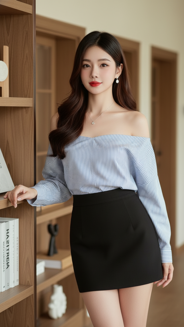 Chân dung thời trang của cô gái trẻ tự tin và thanh lịch trong không gian hiện đại