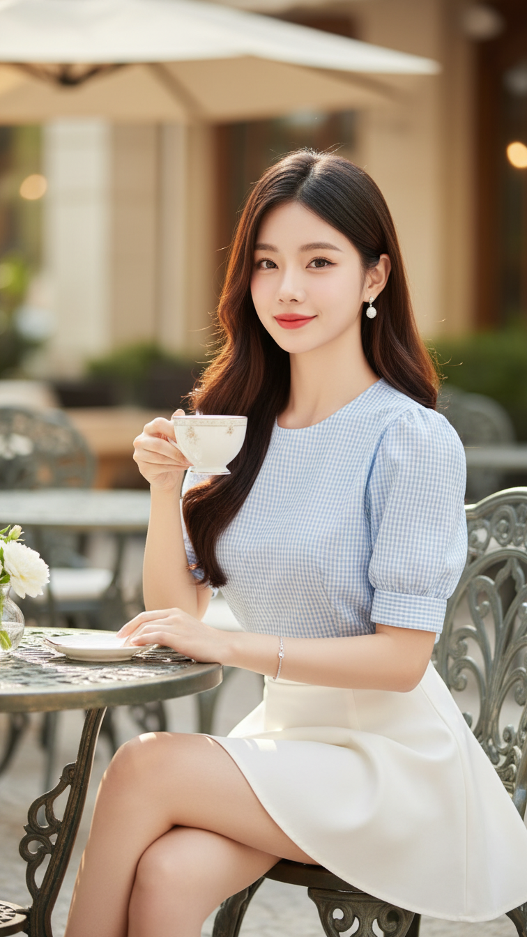 Chân dung thanh lịch của cô gái châu Á tại quán cà phê ngoài trời sang trọng