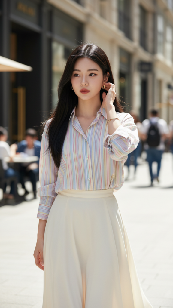 Vẻ đẹp thanh lịch của cô gái trẻ trong phố sang trọng và ánh sáng tự nhiên