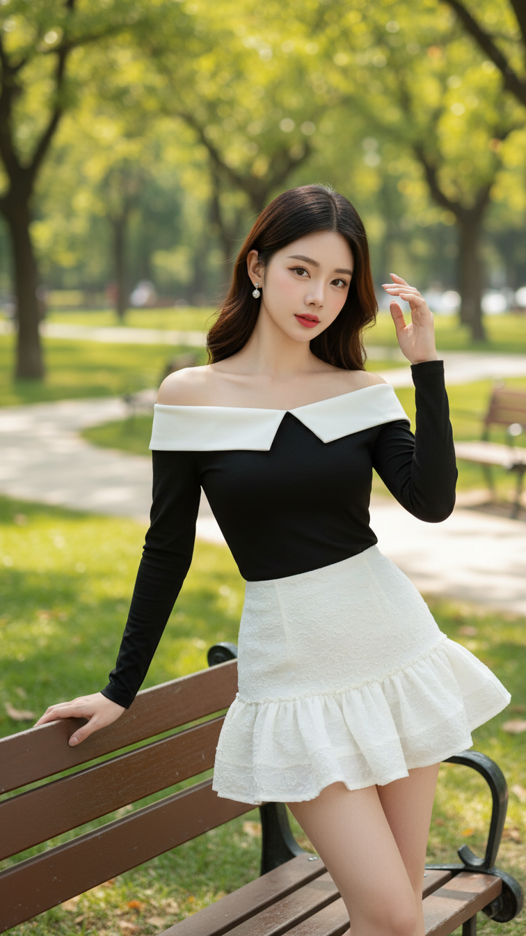 Chân dung trẻ trung và phong cách của cô gái Á Đông trong công viên nắng ấm