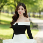 Chân dung cô gái trẻ tự tin trong công viên với phong cách thời trang tinh tế