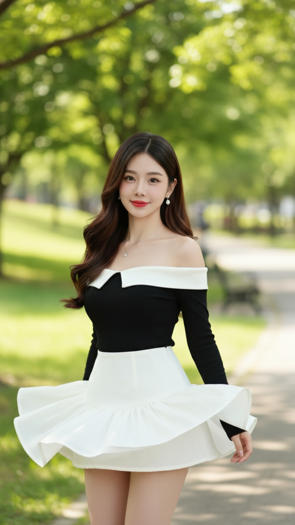 Chân dung cô gái trẻ tự tin trong công viên với phong cách thời trang tinh tế