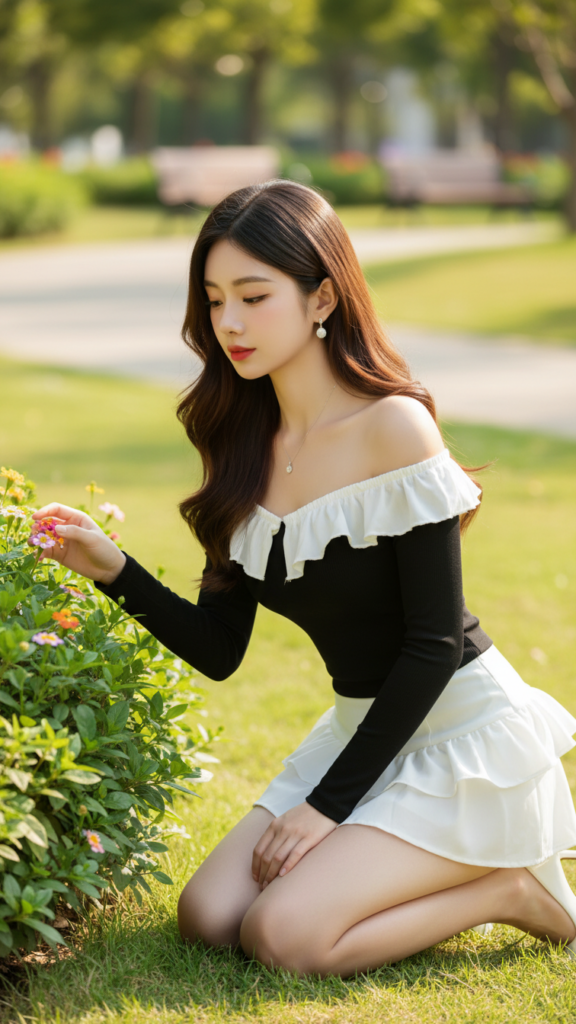 Chân dung nữ thanh lịch trong công viên rực rỡ ánh nắng