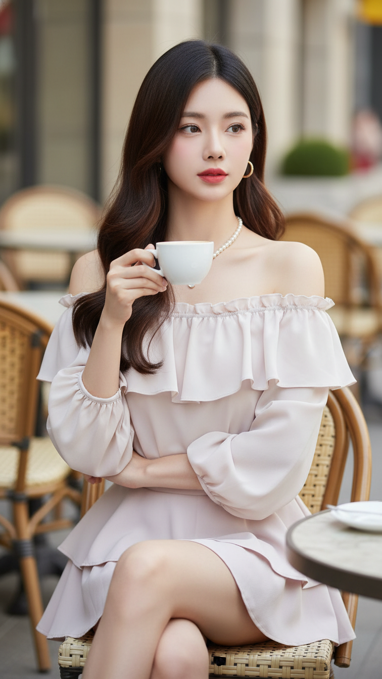 Chân dung thanh lịch của cô gái trẻ trong không gian cafe sang trọng