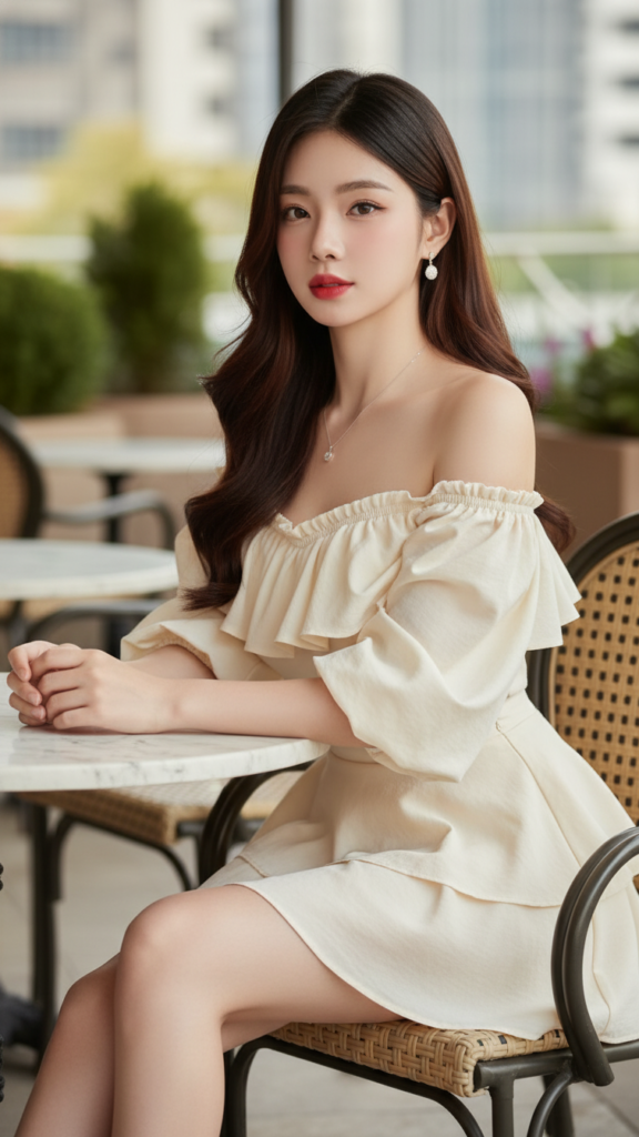 Chân dung thanh lịch của cô gái trẻ trong không gian cafe sang trọng