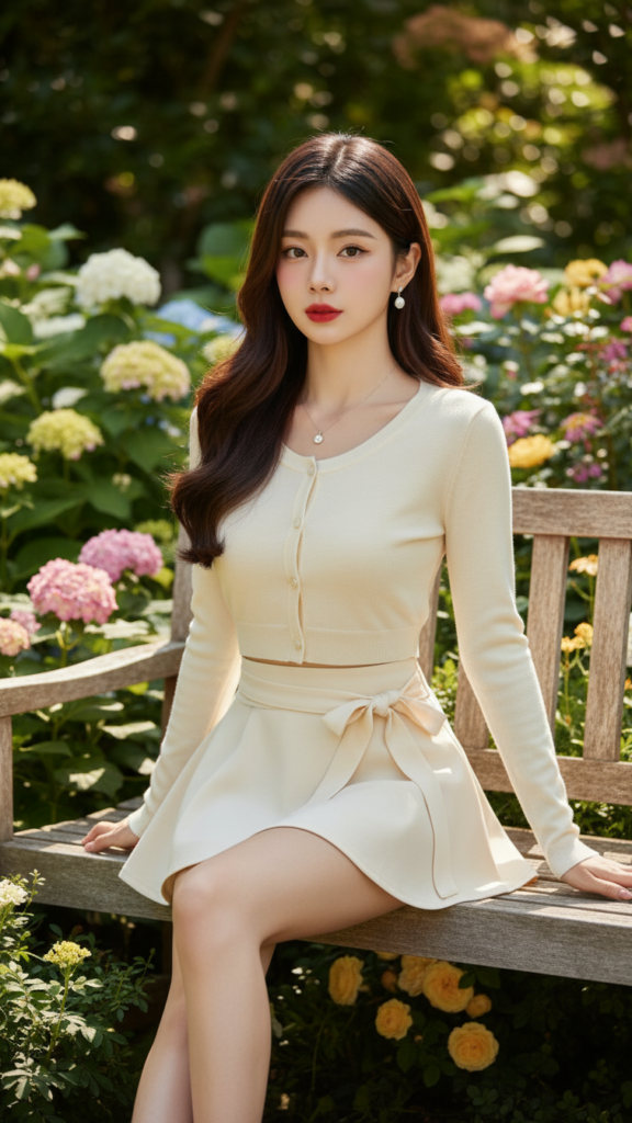Chân dung thanh lịch của cô gái trẻ trong khu vườn rực rỡ sắc màu