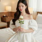 Chân dung nữ trẻ 18-25 tuổi mặc đầm trắng giữa không gian ấm cúng và sang trọng