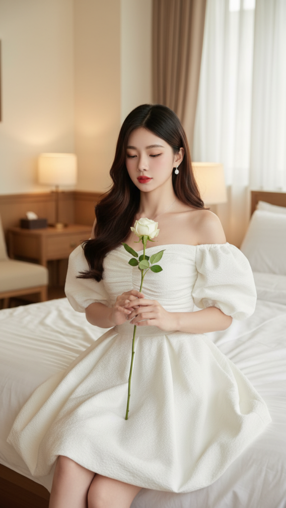 Chân dung nữ trẻ 18-25 tuổi mặc đầm trắng giữa không gian ấm cúng và sang trọng