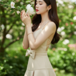 Chân dung thanh lịch của cô gái trẻ trong vườn hoa tươi đẹp