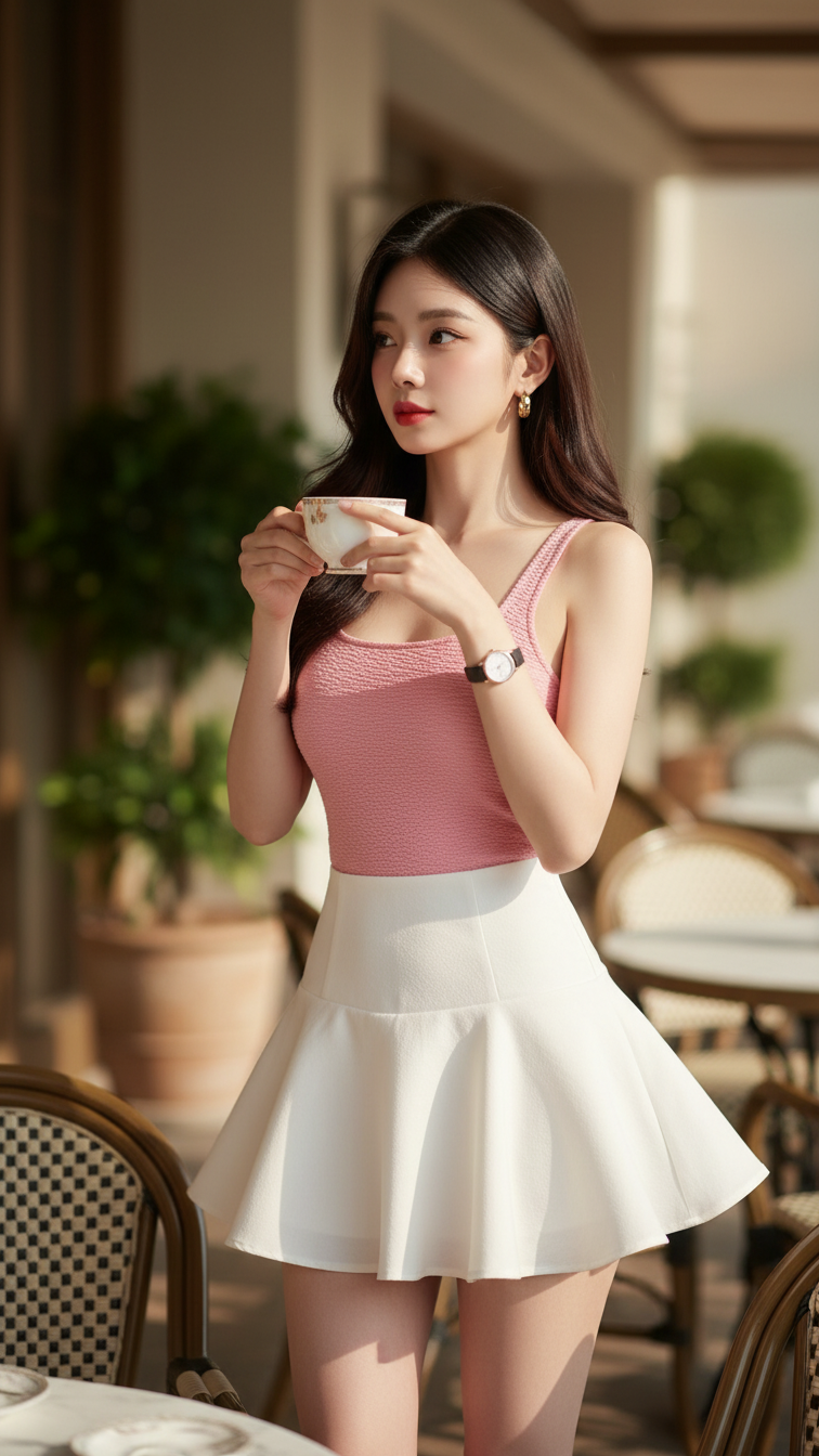 Chân dung cô gái trẻ thanh lịch tại quán cà phê sang trọng