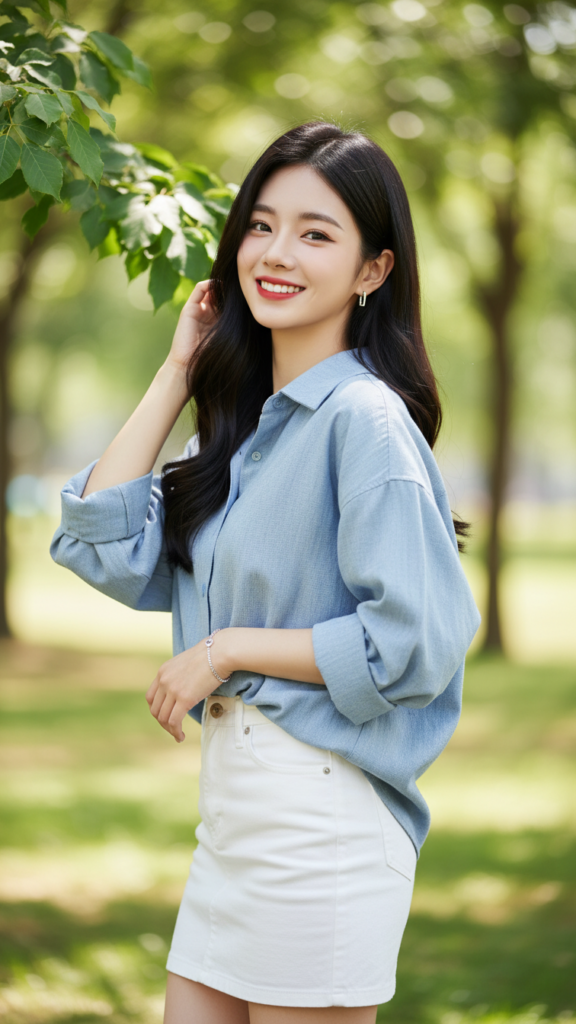 Bức chân dung thực tế của cô gái trẻ đầy phong cách trong công viên nắng đẹp
