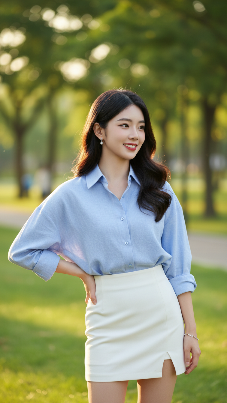 Chân dung thanh lịch của cô gái trẻ giữa công viên nắng vàng