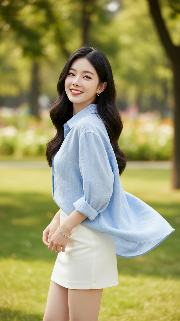 Chân dung hiện thực của cô gái trẻ với vẻ đẹp thanh lịch giữa công viên xanh mát