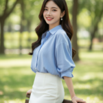 Chân dung cô gái trẻ thanh lịch trong công viên nắng ấm sắc nét và tự nhiên