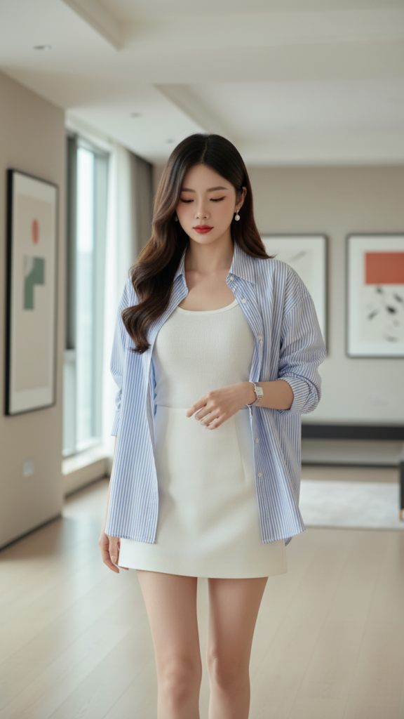 Chân dung thanh lịch của cô gái trẻ trong không gian tối giản và ánh sáng nghệ thuật