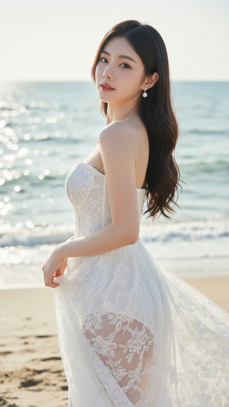 Chân dung thanh lịch của cô gái trẻ bên biển xanh và ánh nắng nhẹ nhàng