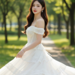Chân dung thiếu nữ tự tin trong bộ váy trắng thanh lịch giữa công viên xanh mát