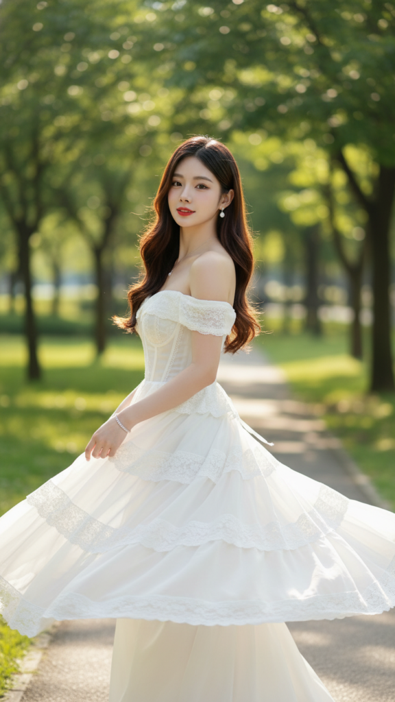 Chân dung thiếu nữ tự tin trong bộ váy trắng thanh lịch giữa công viên xanh mát
