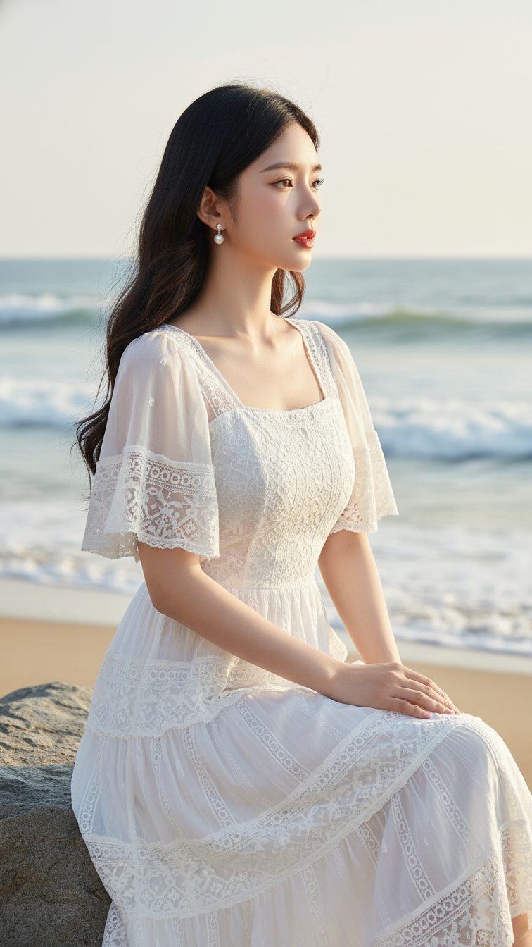Chân dung thực tế của cô gái trẻ trước biển ảnh hưởng bởi sắc nét và tự nhiên