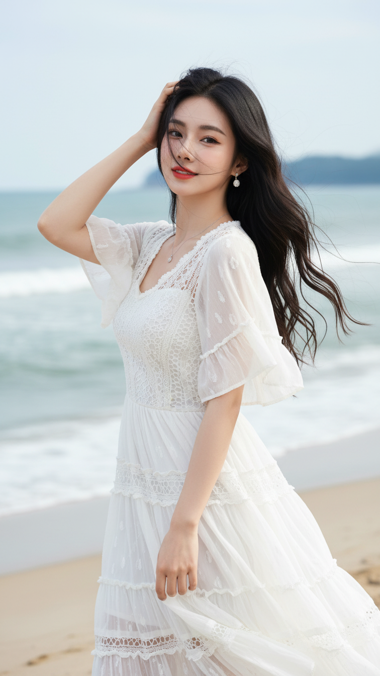 Chân dung cô gái trẻ bên biển với phong cách tự nhiên và thanh lịch
