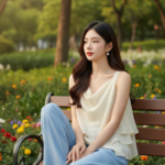 Chân dung hiện thực của cô gái trẻ với phong cách thời trang tinh tế trong công viên xanh