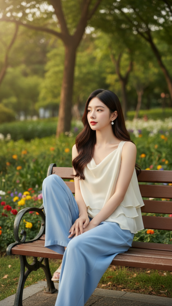 Chân dung hiện thực của cô gái trẻ với phong cách thời trang tinh tế trong công viên xanh