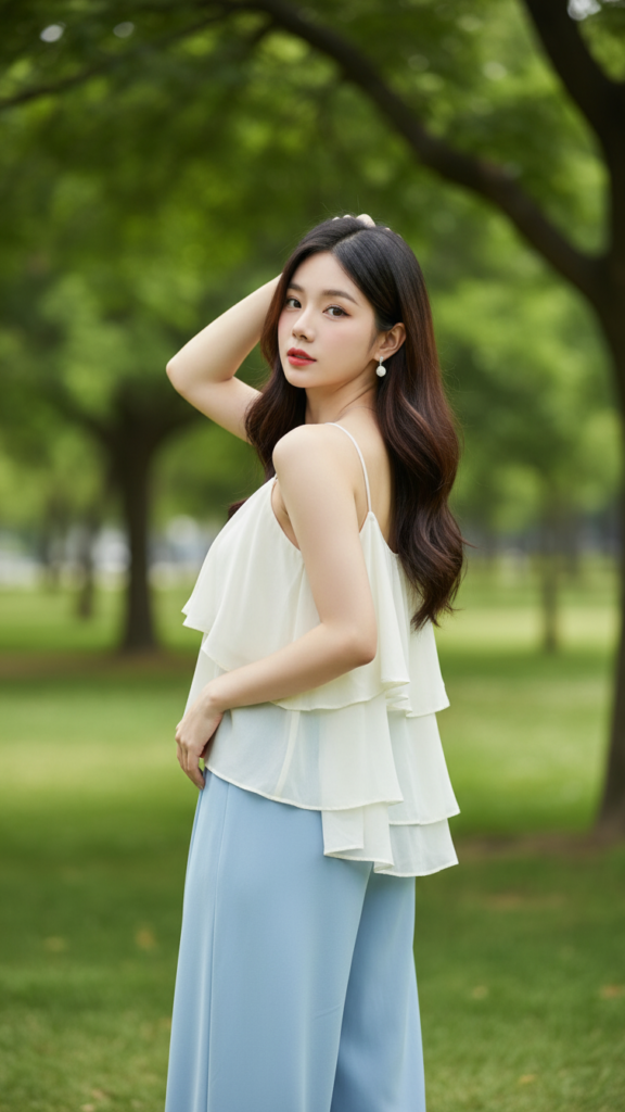Chân dung cô gái trẻ với vẻ đẹp tự nhiên và phong cách thanh lịch tại công viên xanh