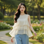 Chân dung thanh lịch của cô gái trẻ giữa công viên xanh mát