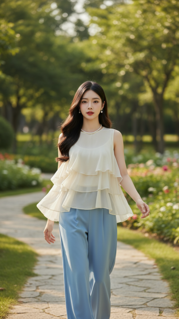 Chân dung thanh lịch của cô gái trẻ giữa công viên xanh mát