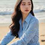 Chân dung cô gái trẻ bên bờ biển với vẻ đẹp tự nhiên và trang phục thanh lịch