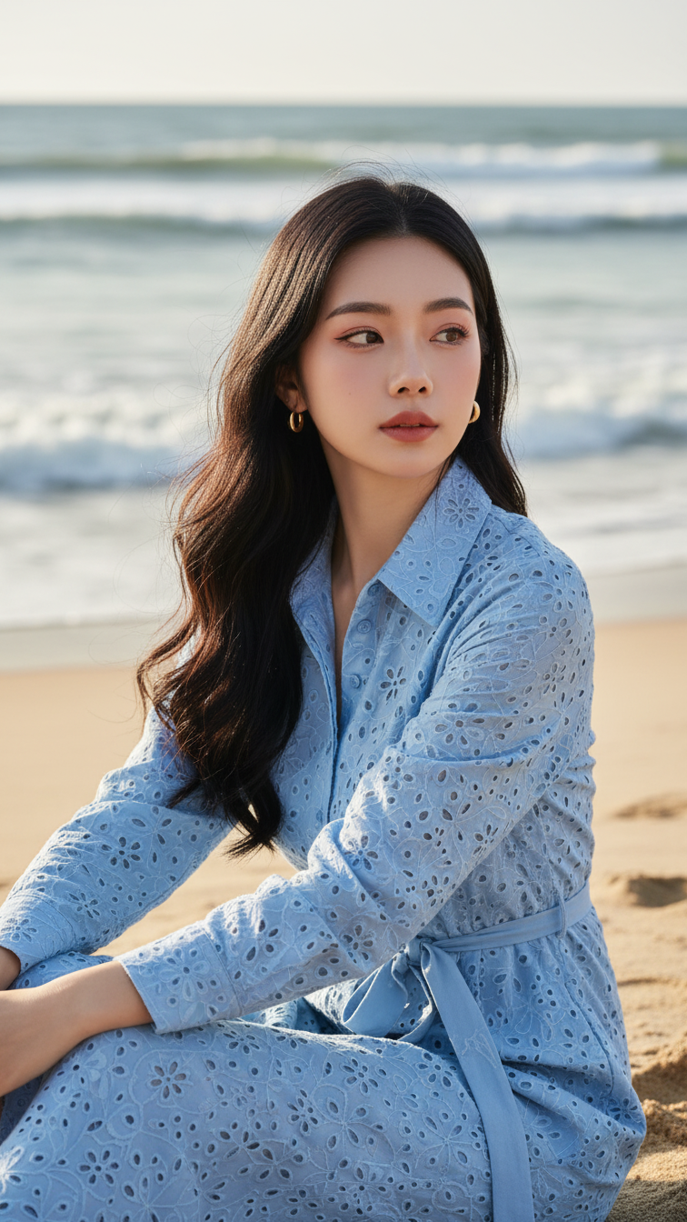 Chân dung cô gái trẻ bên bờ biển với vẻ đẹp tự nhiên và trang phục thanh lịch