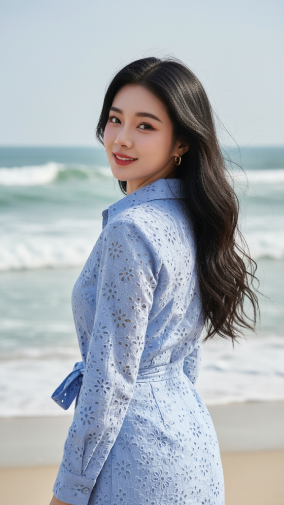 Vẽ chân dung hiện thực của cô gái trẻ bên bờ biển tuyệt đẹp