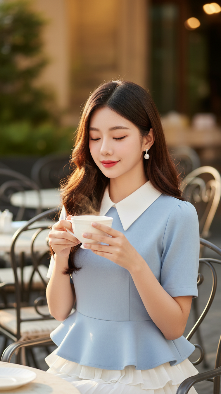 Chân dung thanh lịch của cô gái trẻ trong không gian cafe sang trọng